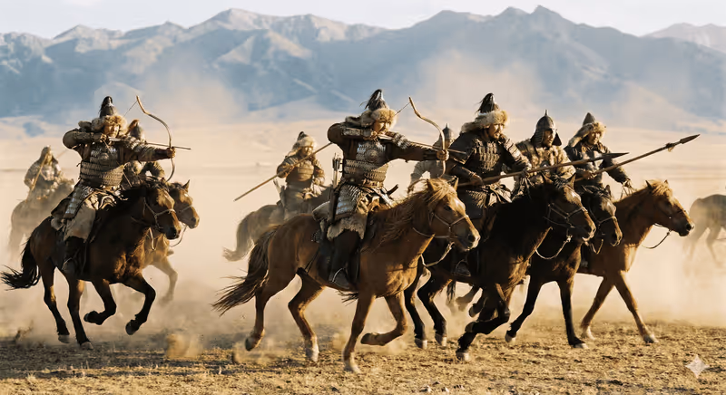 Mongol warriors on horseback at full gallop