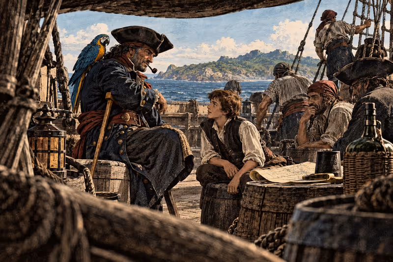 Long John Silver, béquille sous le bras, parle à Jim Hawkins à bord de l'Hispaniola