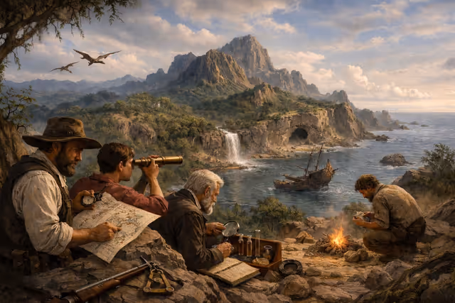 Des explorateurs observent une île mystérieuse depuis un promontoire rocheux