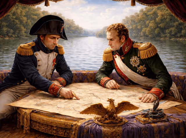 Napoléon et le tsar Alexandre Ier sur le radeau de Tilsit, juin 1807