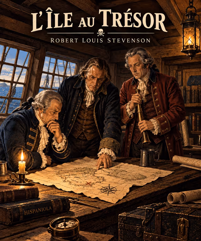Le chevalier Trelawney, le capitaine Smollett et le docteur Livesey penchés sur la carte du trésor