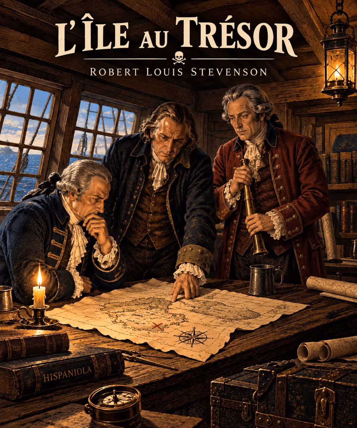 Le chevalier Trelawney, le capitaine Smollett et le docteur Livesey penchés sur la carte du trésor