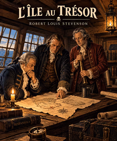 Le chevalier Trelawney, le capitaine Smollett et le docteur Livesey penchés sur la carte du trésor