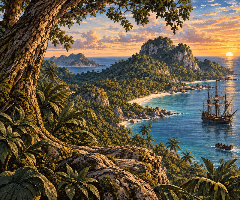 Vue de la baie de l'île au trésor avec l'Hispaniola au mouillage
